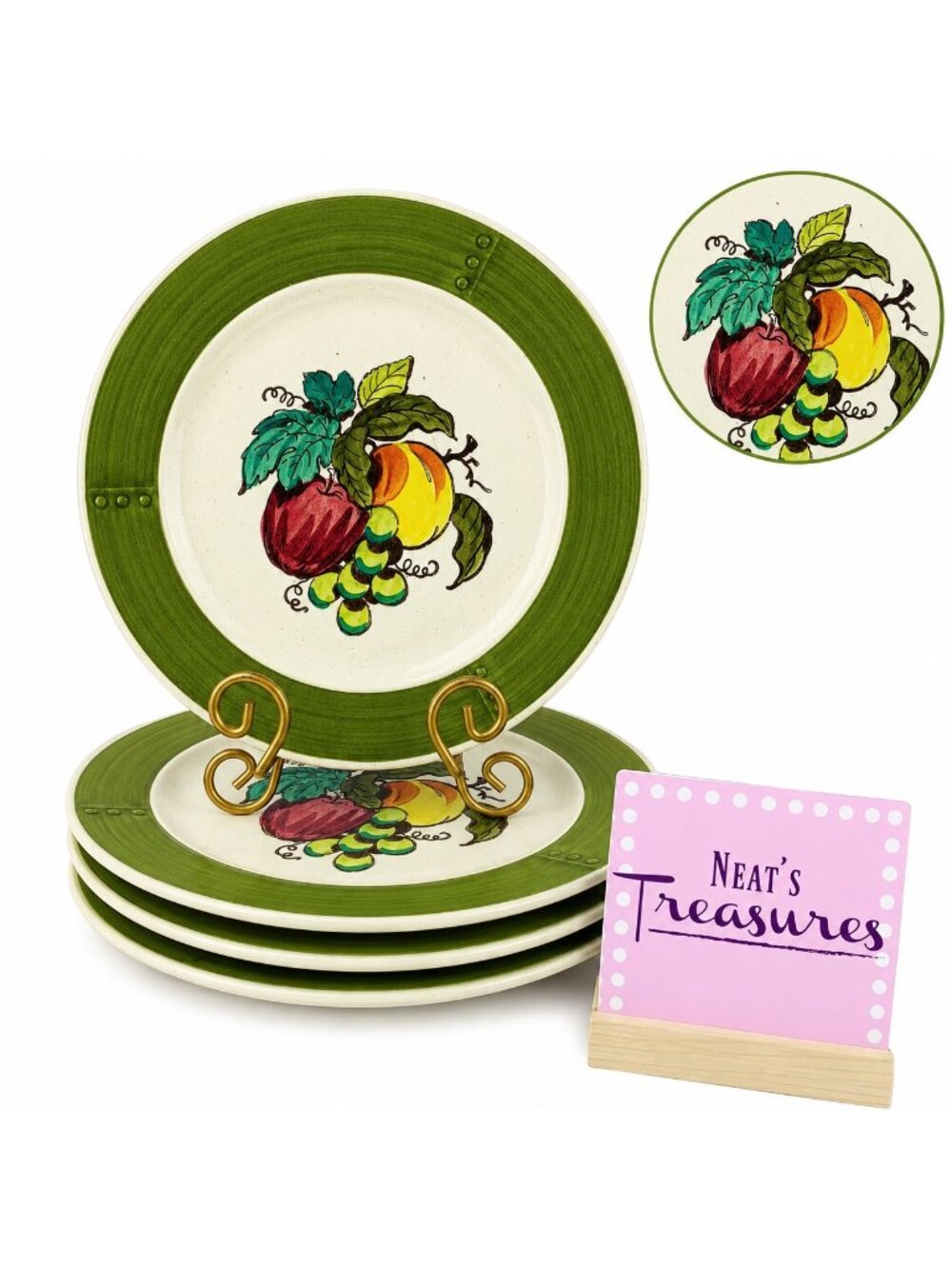 Vintage Metlox Poppytrail Vernon PROVINCIAL FRUIT GREEN Rim Dinner Plates Set 4